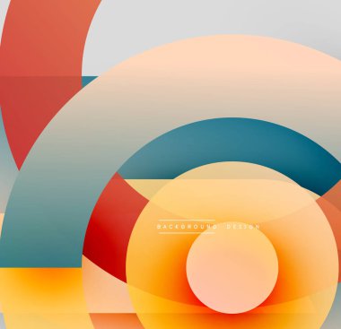 Soyut geometrik şekiller örtüşüyor, canlı renk eğimleri yaratıyor. Çemberler, kareler, dikdörtgenler modern tasarım elementlerini oluşturur. Yumuşak renkler kompozisyona hakim..
