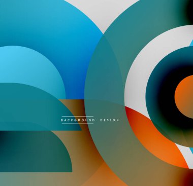 Soyut geometrik şekiller çakışıyor. Mavi, deniz mavisi, turuncu, kahverengi renkler dinamik bileşim oluşturur. Modern tasarım elemanları.