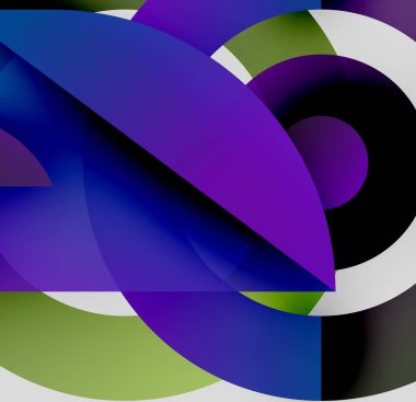 Soyut kompozisyon. Üst üste binen şekiller, canlı renkler, dinamik eğriler modern görsel deneyimler yaratır. Yumuşak eğimler, kalın karşıtlıklar.