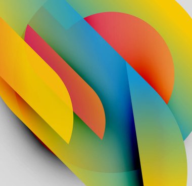 Soyut kompozisyon. Üst üste binen renkli şekiller, dinamik görsel deneyimler yaratıyor. Gradyanlar derinlik ve hareket olduğunu gösteriyor. Modern tasarım.