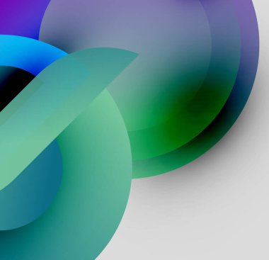 Soyut renkli şekiller çakışıyor, akışkan gradyanlar yaratıyor. Mavi, yeşil, mor renkler kompozisyona hakim. Minimalist tasarım.