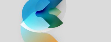 Soyut şekiller çakışıyor, sıvı tasarımı yaratıyor. Renkler mavi, yeşiller, portakallar açık gri arkaplan. Modern, minimalist estetik.