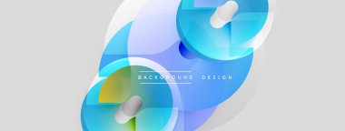 Soyut tasarım özellikleri üst üste binen şekiller, yumuşak eğimler. Açık mavi, mor renkler nötr arkaplana hakim. Modern, minimalist estetik.