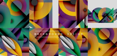 Soyut geometrik şekiller, canlı renkler, modern tasarım. Üst üste binen katmanlar dinamik görsel doku yaratır. Arkaplanda cesur gradyanlar var.