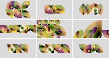 Izgaraya dizilmiş soyut renkli şekiller. Yumuşak eğimler, organik formlar, modern tasarım elementleri mevcut. Minimalist estetik.