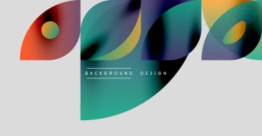 Soyut şekiller örtüşüyor, canlı renk değişimleri yaratıyor. Metin elementleri arka planı ve tasarımı olan minimalist tasarım. Modern estetik.
