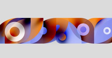 Üst üste binen daireler, kıvrımlar, canlı renkler içeren soyut kompozisyon. Mavi, turuncu, beyaz baskın tasarım. Modern, sanatsal sunum.