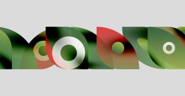 Üst üste binen kıvrımlı şekiller içeren soyut bileşim. Tasarıma yeşil, kırmızı, beyaz renkler hakim. Minimalist estetik, modern his.