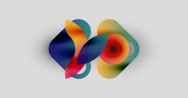 Soyut renkli şekiller çakışıyor ve sıvı formlar yaratıyor. Renkler karışıyor, hareket, ışık, derinlik öneriyor. Minimalist tasarım, yumuşak arkaplan.