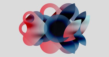 Üstüste binen şeffaf şekilleri içeren soyut bileşim. Kırmızı, mavi renkler harmanlanarak, dinamik görsel efekt yaratır. Minimalist tasarım.