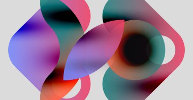 Soyut şekiller örtüşür, canlı renk karışımları yaratır. Yumuşak eğimler akıcılık, derinlik ve modern tasarım estetiğini ortaya koyuyor.