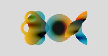 Soyut renkli şekiller çakışıyor ve sıvı formlar yaratıyor. Gradyan renkler harmanlanır, hareket, derinlik ve modern tasarım önerilir.