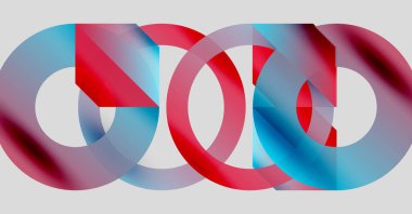 Soyut tasarım özellikleri üst üste binen kırmızı, mavi şekiller sonsuzluk sembolü oluşturuyor. Minimalist tarz, hafif arkaplan görsel etki yaratır.