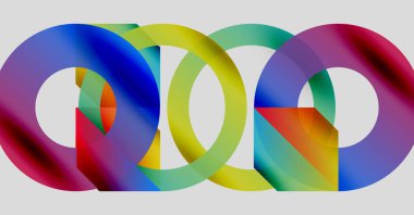 Renkli iç içe geçmiş halkalar soyut tasarım yaratır. Artan renkler harmanlanır, canlı dairesel şekiller oluşturur. Modern, minimalist estetik.