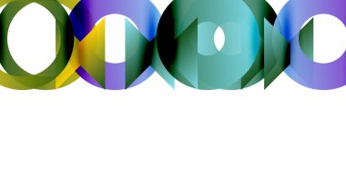 Renkli üst üste binen daireler soyut tasarım yaratır. Gradyan renkler harmanlanır, dinamik görsel desen oluşturur. Beyaz alan alt kısma hakim.