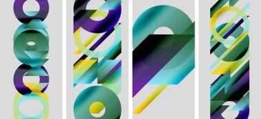 Soyut geometrik bileşim. Üst üste binen şekiller, canlı renkler, modern tasarım. Minimalist estetik, temiz çizgiler, dijital sanat eserleri.