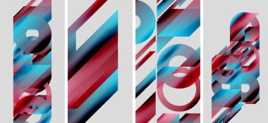 Soyut geometrik bileşim. Kırmızı, mavi renkler baskın, dinamik görsel ritim yaratıyor. Paneller katmanlı şekilleri, modern estetiği gösterir.