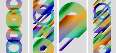 Soyut sanat eserlerinde üst üste binen renkli daireler, dikdörtgenler var. Modern tasarım, canlı renkler dinamik görsel etki yaratır.