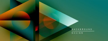 Soyut geometrik şekiller çakışıyor, dinamik gradyanlar yaratıyor. Teal, turuncu, kahverengi renkler kompozisyona hakim. Mevcut en küçük metin.