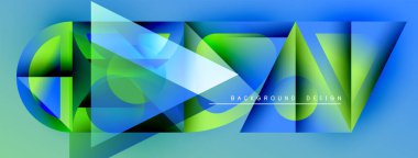 Soyut geometrik şekiller örtüşür, parlak mavi, yeşil bir bileşim yaratır. Modern tasarım elementleri dinamik hareket, görsel ilgi.
