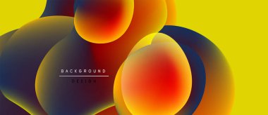 Soyut sıvı şekilleri örtüşür, canlı renkler harmanlanır. Sarı arkaplan dinamik bileşimi vurgular, modern tasarım unsurları mevcut.