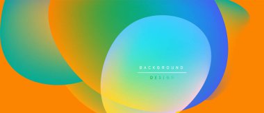 Soyut sıvı şekilleri canlı renkleri harmanlar. Turuncu, yeşil, mavi gradyanlar dinamik görsel doku oluşturur. Minimalist metin tasarım ögesi ekler.