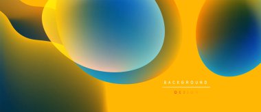 Soyut sıvı şekiller, canlı renklerin karışımı. Sarı, turuncu, mavi gradyanlar dinamik arkaplan tasarımı yaratır. Modern estetik.