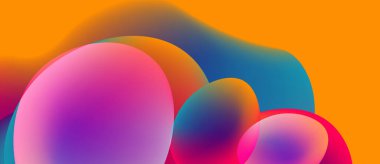 Soyut sıvı şekiller harmanlanır, canlı renkler kompozisyona hakim olur. Turuncu zemin, pembe ve mavi renklerle tezat oluşturuyor. Yumuşak gradyanlar dinamik görsel efekt yaratır.