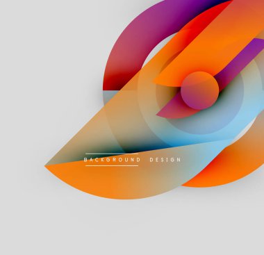 Soyut renkli şekiller örtüşür, dinamik bileşim yaratır. Gradyanlar turuncu, mor ve mavi renkleri harmanlarlar. Metin elementli minimalist tasarım.