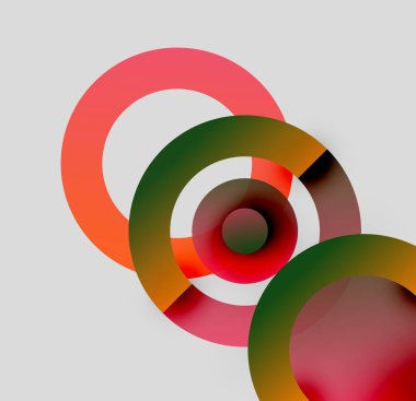 Üst üste binen renkli daireler içeren soyut bir kompozisyon. Kırmızı, yeşil, turuncu renkler nötr arka plana hakim. Minimalist tasarım, modern estetik.