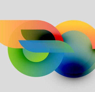 Soyut renkli şekiller çakışıyor ve akışkan dinamik bileşim oluşturuyor. Gradyan renkler harmanlanır, yumuşak görsel deneyim oluşturur.