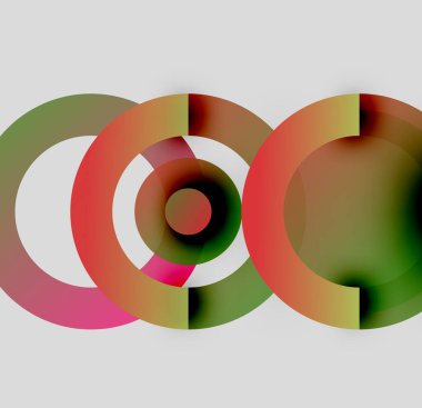 Soyut kompozisyon. Üst üste binen renkli çemberler karmaşık görsel efektler yaratır. Gradyan gölgeler karışıyor, ilgi çekici desenler oluşturuyor. Minimalist tasarım.