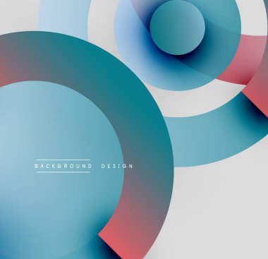 Soyut daireler örtüşüyor, canlı renk eğimleri yaratıyor. Modern tasarım havalı mavilerden, kırmızılardan ve grilerden faydalanıyor. Minimalist kompozisyon, temiz estetik.