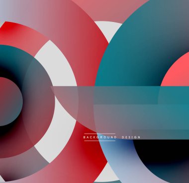 Soyut geometrik bileşim. Üst üste binen daireler, dikdörtgenler dinamik görsel efekt yaratır. Kırmızı, deniz mavisi, gri baskın renk şeması. Modern tasarım.