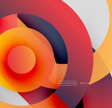 Soyut daireler örtüşüyor, canlı renk eğimleri yaratıyor. Sıcak tonlar havalı aksanlarla baskın gelir. Modern tasarım ögesi.