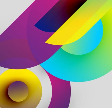 Soyut kompozisyon. Üst üste binen renkli daireler, gradyanlar, şekiller dinamik görsel deneyimler yaratır. Modern tasarım, canlı renkler.