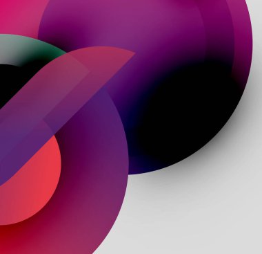 Üst üste binen daireler içeren soyut kompozisyon, canlı mor renkler, kırmızı aksanlar, koyu gölgeler, pürüzsüz eğimler. Minimalist tasarım.