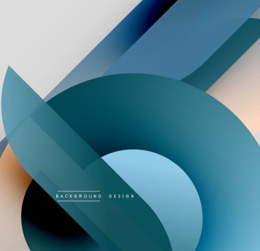 Soyut geometrik şekiller çakışıyor. Mavi, deniz mavisi, turuncu renkler modern tasarım yaratır. Yumuşak eğimler görsel derinlik sunar.