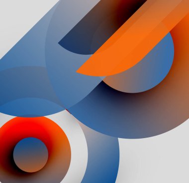 Soyut kompozisyon. Üst üste binen daireler, gradyanlar, turuncu, mavi renkler baskın. Minimalist tasarım, modern estetik, mevcut temiz çizgiler.