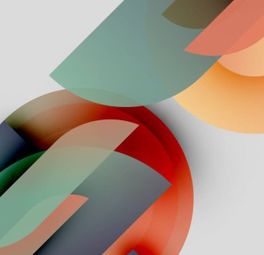 Soyut kompozisyon. Üst üste binen şekiller dinamik görsel efekt yaratır. Yumuşak eğimler, soluk renkler tasarıma hakim olur. Minimalist estetik.