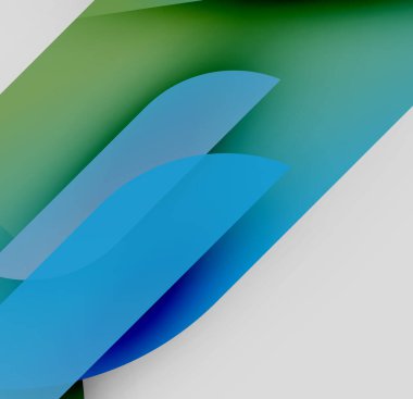 Soyut gradyanlar mavileri, yeşillikleri, beyazları harmanlarlar. Çapraz şekiller üst üste binerek katmanlı görsel efekt yaratır. Minimalist tasarım, pürüzsüz geçişler mevcut.