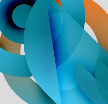 Soyut kompozisyon. Üst üste binen şekiller dinamik görsel deneyimler yaratır. Maviler, portakallar, beyazlar palete hakim. Modern tasarım.