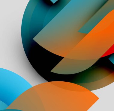Soyut şekiller örtüşür, dinamik bileşim yaratır. Renkler turuncu, deniz mavisi, siyah, beyazlatıcı modern görsel deneyim.