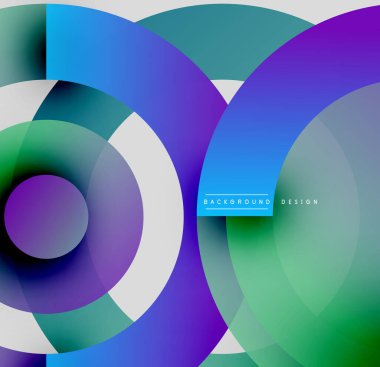 Soyut çemberler çakışıyor, canlı gradyanlar yaratıyor. Mavi, yeşil, mor renkler tasarımda baskın. Modern estetik, temiz çizgiler sunar.
