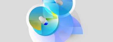 Soyut şekiller örtüşür, dinamik bileşim yaratır. Mavi, beyaz, sarı renkler tasarımda baskın. Modern, temiz estetik.