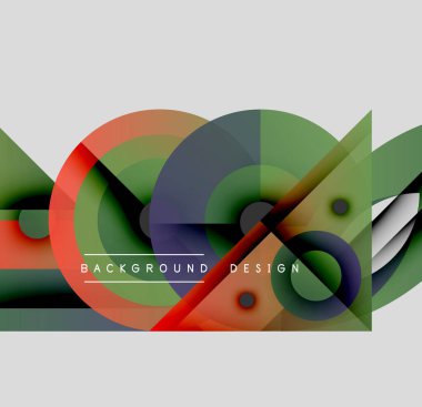 Soyut kompozisyon. Üst üste binen şekiller, daireler, üçgenler dinamik görsel efekt yaratır. Modern tasarım elementleri, canlı renkler.