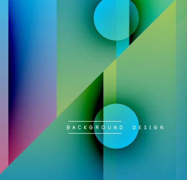 Soyut geometrik bileşim. Üst üste binen şekiller canlı gradyanlar, modern tasarım elementleri yaratır. Minimalist estetik, havalı tonlar hakim.