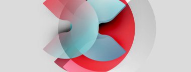 Soyut tasarım özellikleri üst üste binen dairesel şekiller. Kırmızı, açık mavi, gri tonlar dinamik kompozisyon oluşturur. Minimalist estetik.