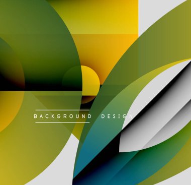 Soyut geometrik şekiller çakışıyor. Renkler arasında yeşil, sarı, siyah, beyaz var. Gradyan etkileri olan modern tasarım.