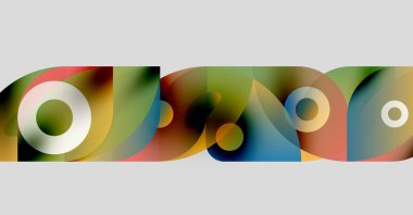 Üst üste binen renkli daireler, gradyanlar, şekiller içeren soyut bir kompozisyon. Canlı renklere sahip modern tasarım, pürüzsüz geçişler..